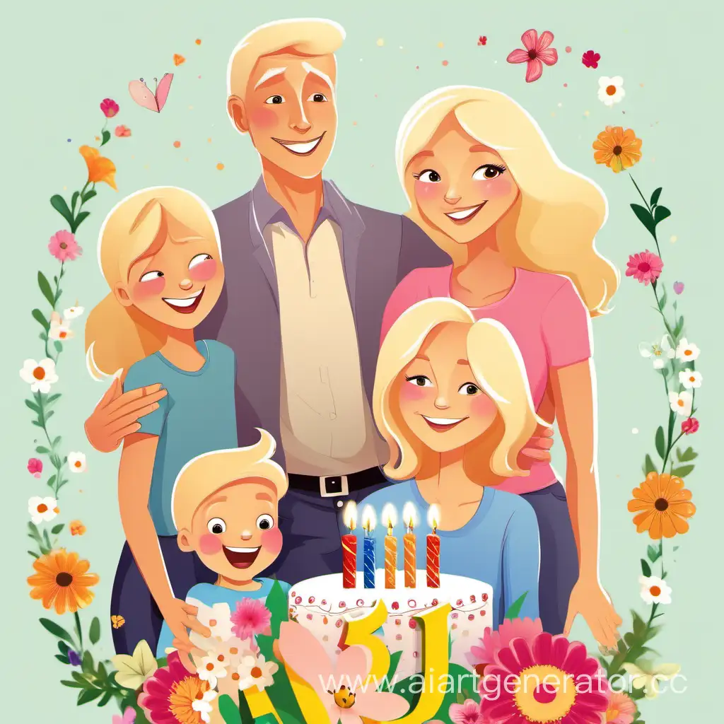 Joyful-Family-Birthday-Celebration-with-Blonde-Mother-Father-Teen-Daughter-and-Young-Son-Surrounded-by-Flowers