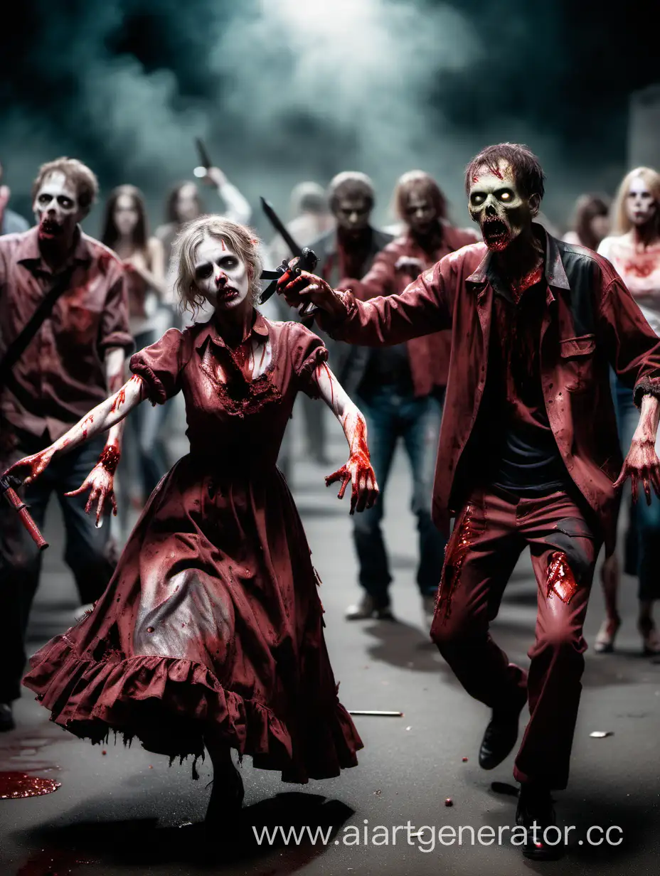 
живые люди в зомби апокалипсе в кровавой одежде танцуют вальс  с оружием в руках
