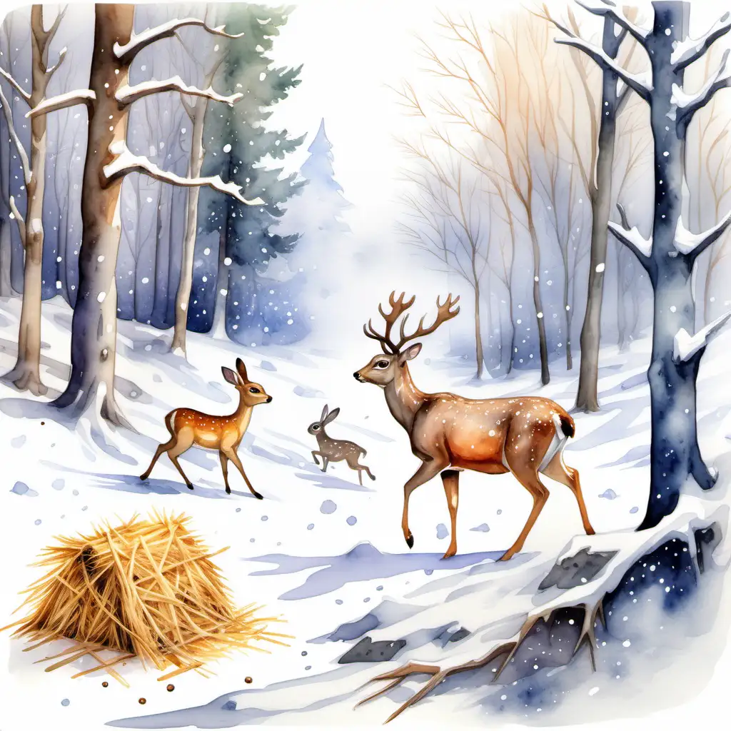 realistická ilustrace_ srnka, jelen jedí seno u krmelce v lese, zajíc v dálce běží v lese ve sněhu, zachycená zimní krajina, sněží, akvarel ilustrace