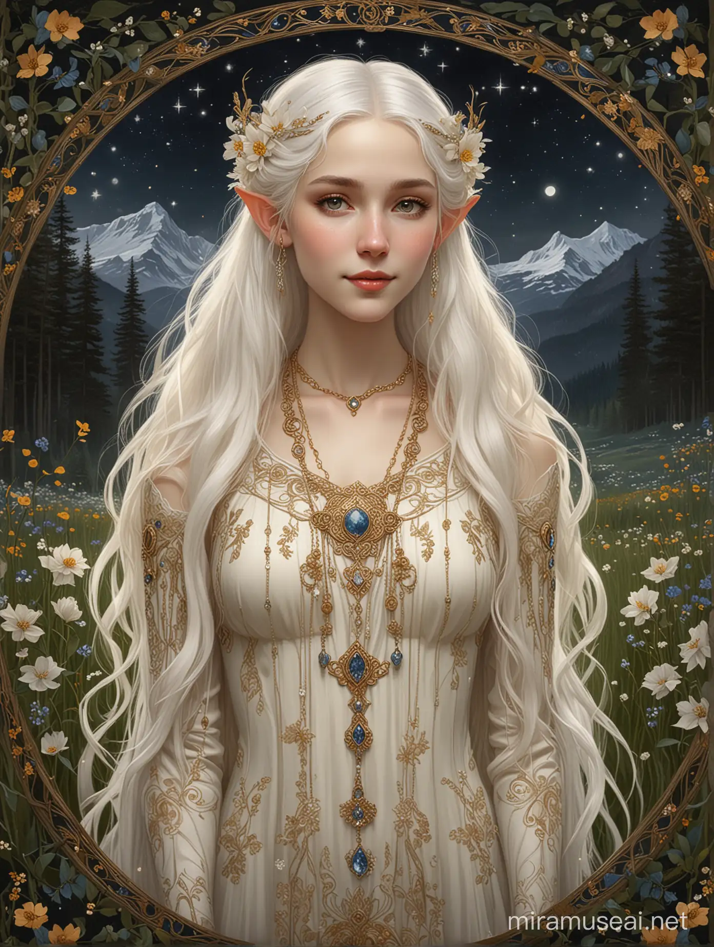 Enchanting Elf with Elongated Ears in a Flowery Meadow at Night