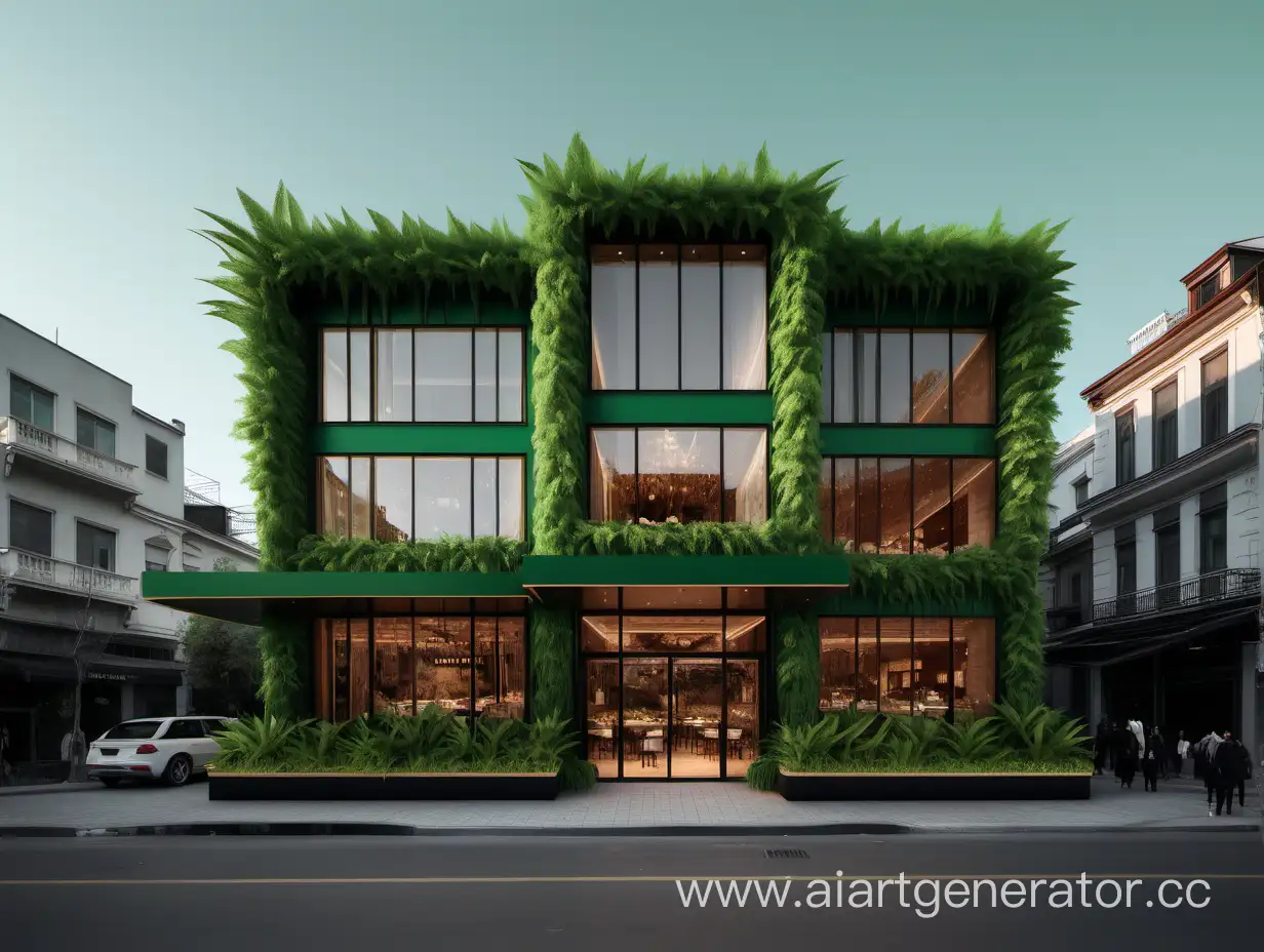 фасад двух этажного современного ресторана "зеленый остров" в стиле Беллы Хадид