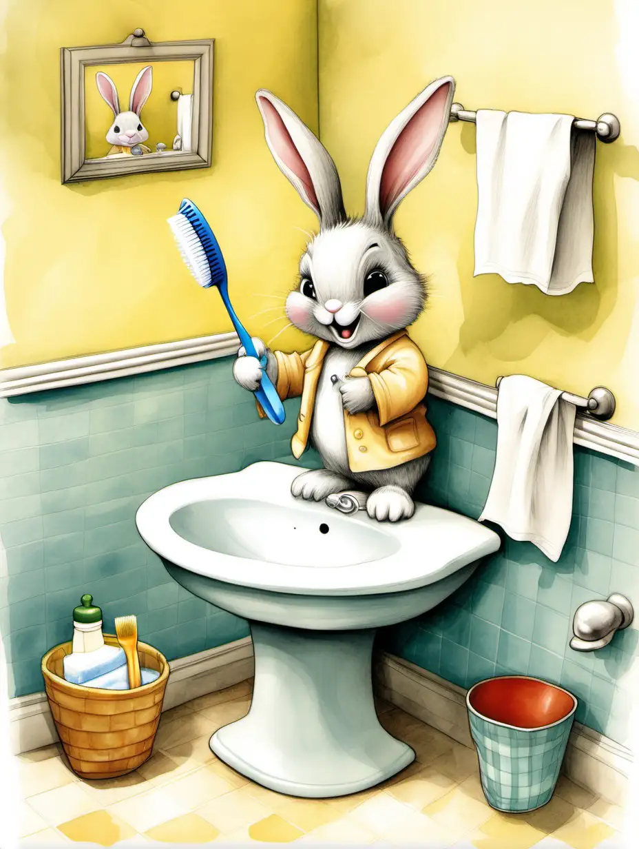 baby bunny holding a tooth brush, standing by a bathroom sink, storybook illustration