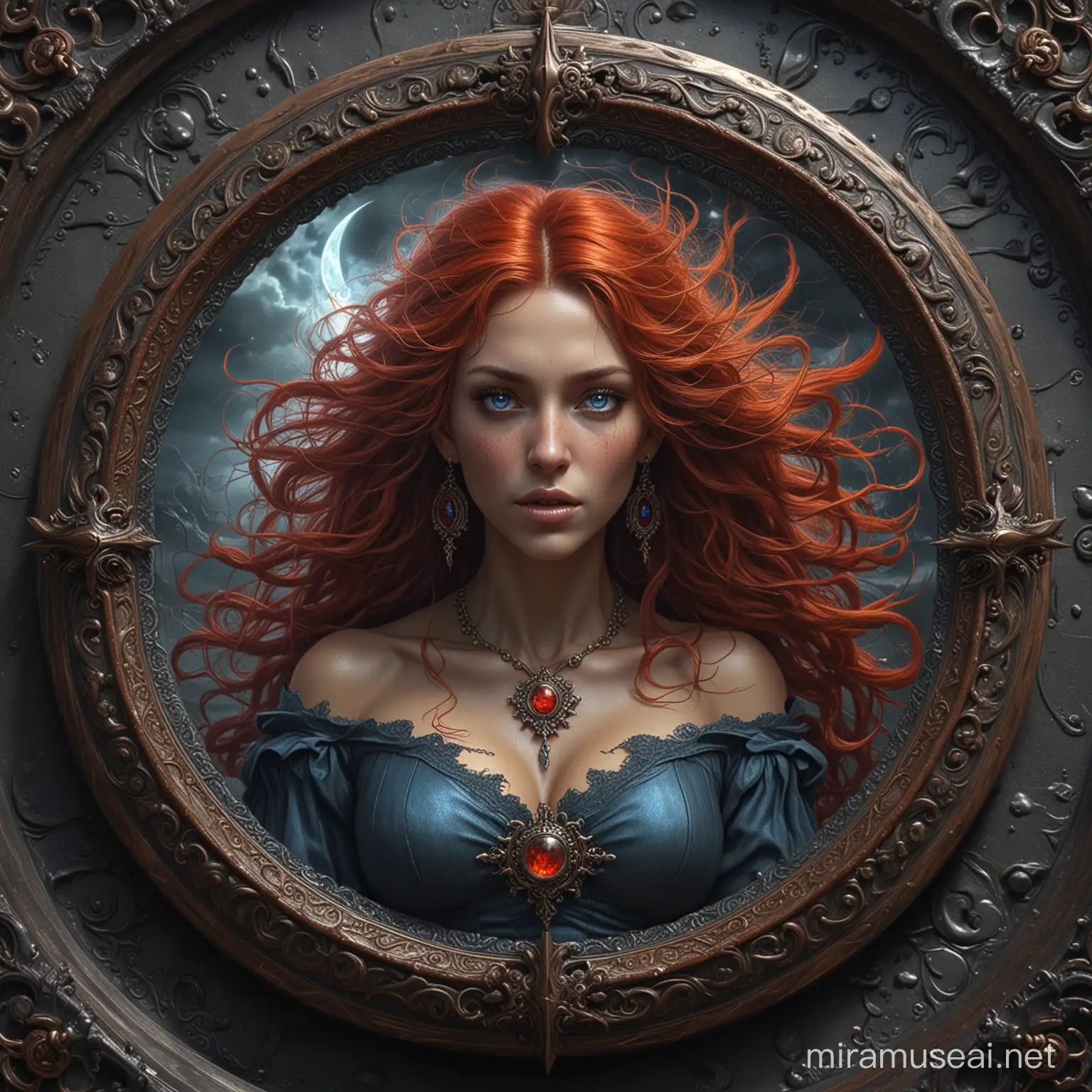 a horrifying terrifying but a sexy gorgeous witch embossed on a ancient metal medallion with ornate design and detail, fantasy art, digital painting, extreme detail, long wave messy red hair, blue eyes, ornate jewelry, revealing clothing showing midriff, flames, hyperrealism, beautiful, ominous apocalyptic storm brewing, serene, mysterious, ominous, vibrant colors, photorealistic, colorful, gustave dore, surrealism, unreal engine, deviantart
