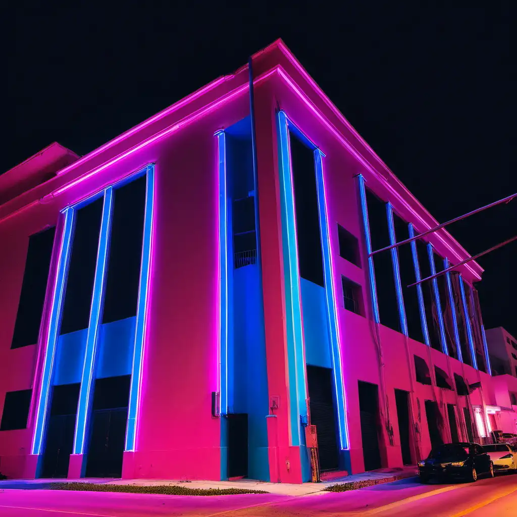 Miami building with pink and blue neon lights