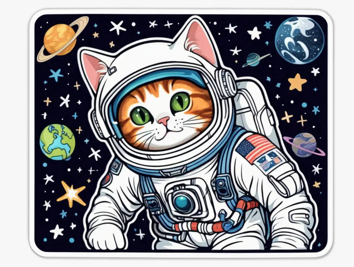 Cosmic Cat Astronaut Exploring Outer Space Cartoon Sticker