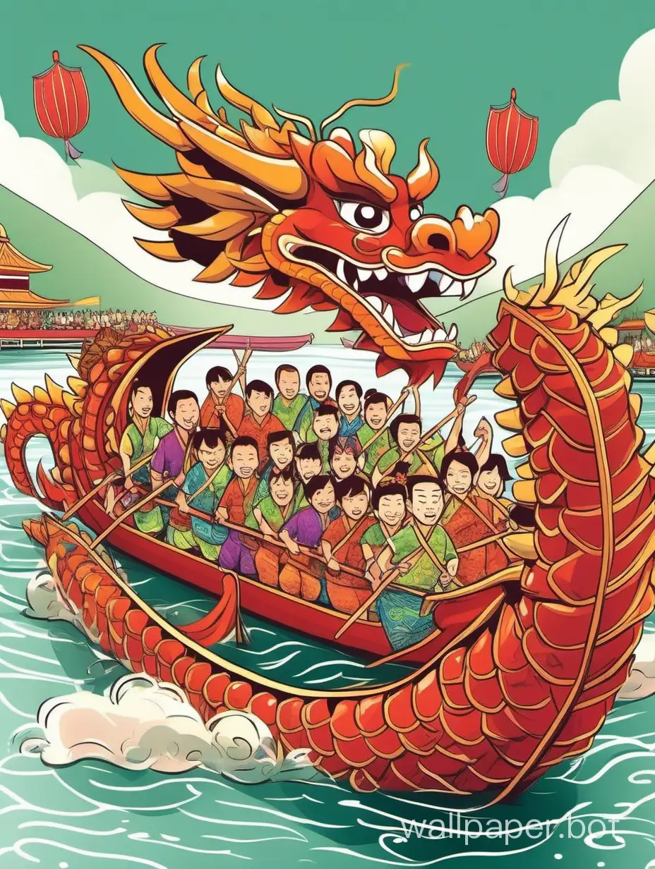 A large dragon boat with people paddling, all dressed in traditional Dragon Boat Festival attire. A bit cartoonish.