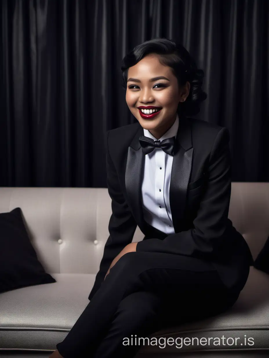 In a dark room, a smiling and laughing Indonesian woman with dark skin and lipstick is sitting on a couch. She is wearing a tuxedo with a black jacket and black pants. Her shirt is white. Her bowtie is black. Her heels are shiny and black.