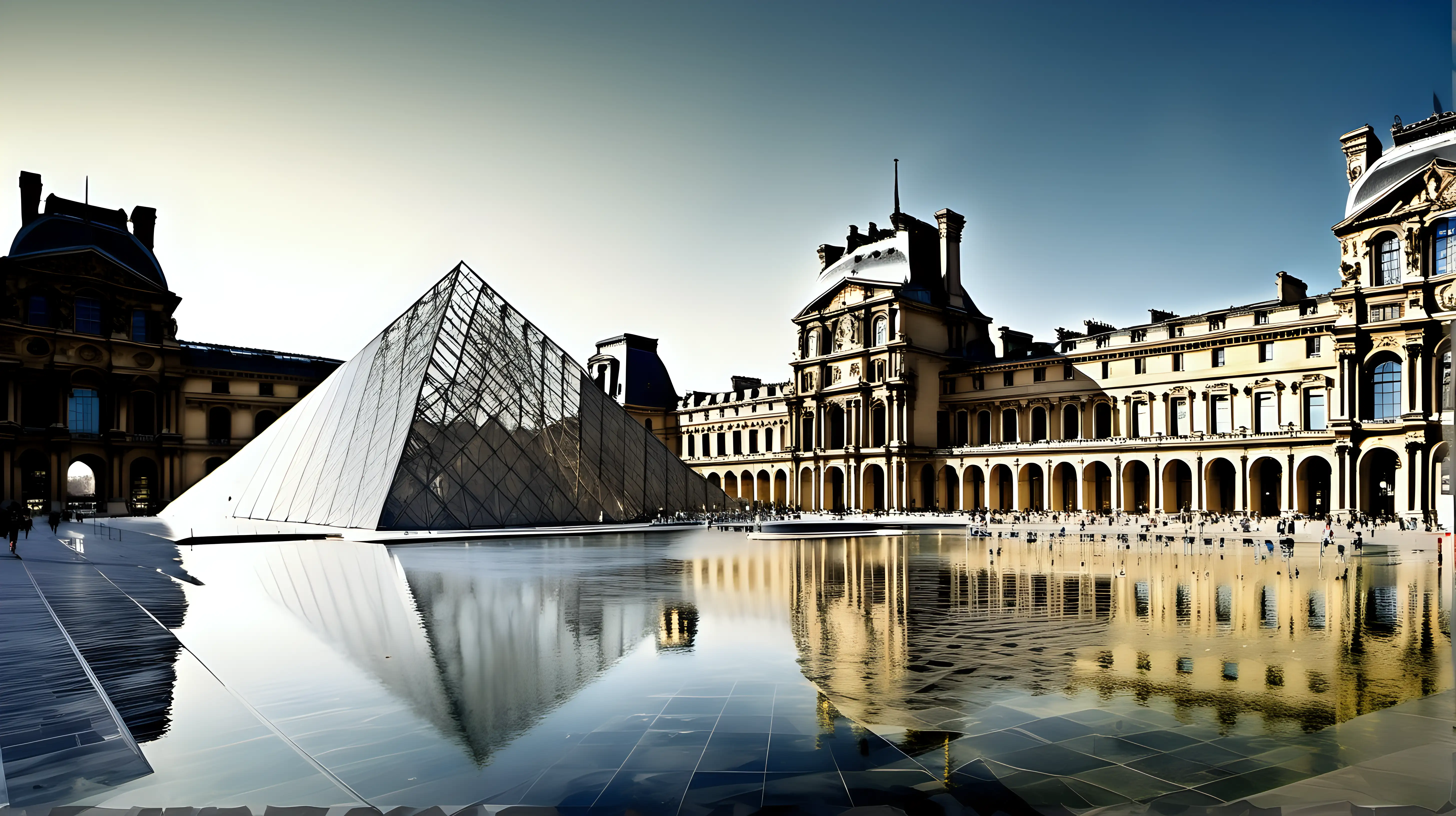 show The Louvre (Paris, France) at its best shape and show its beauty roylaty and greatness,a wide angle image showing The Louvre (Paris, France) at its peak beauty