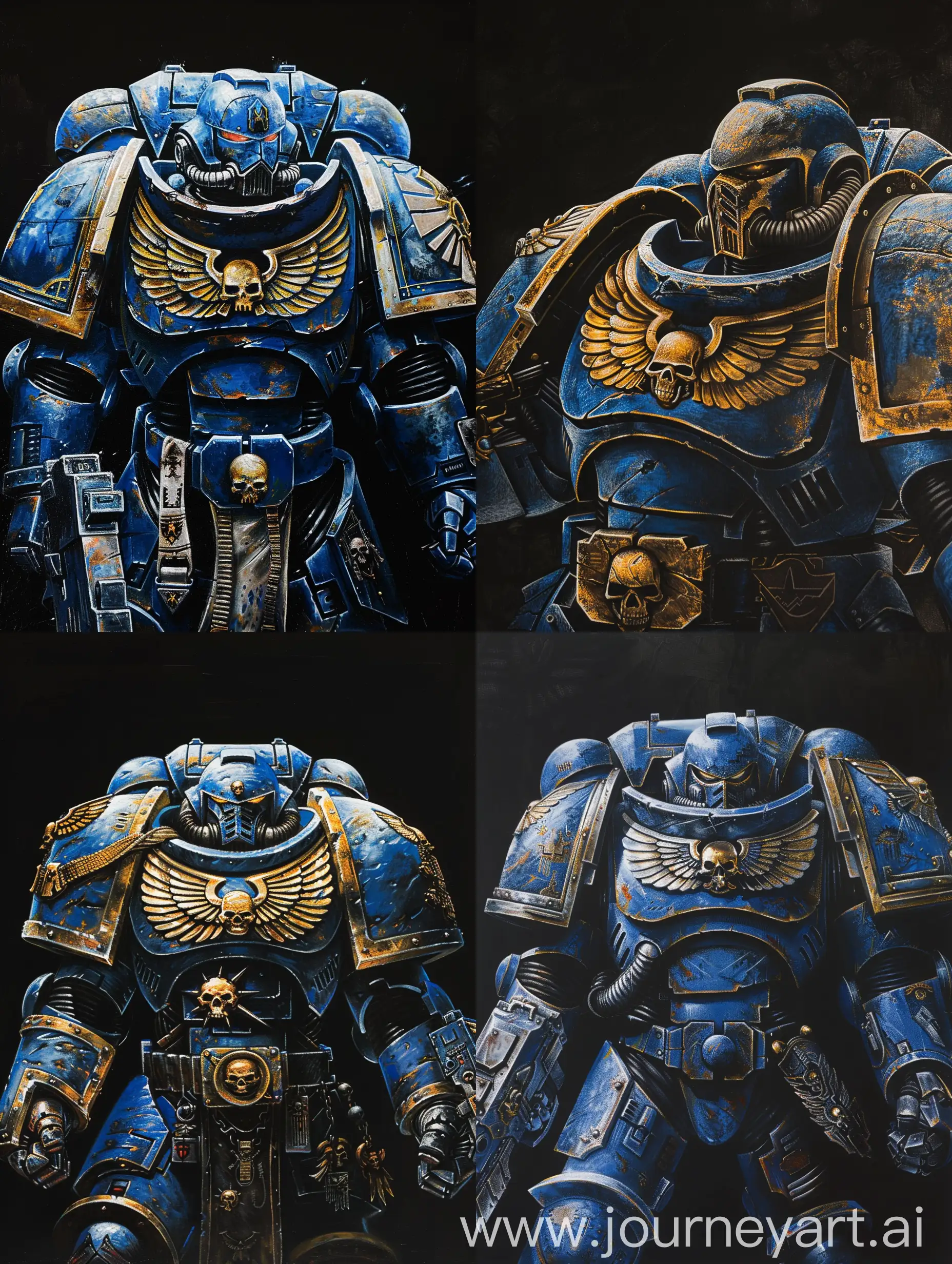 A painting of the Ultramarines from the Warhammer 40k universe. The background is cool black.