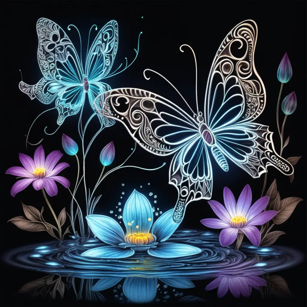 Coloring page glowing intricate butterfliy and water flower în the dark with glowing effect