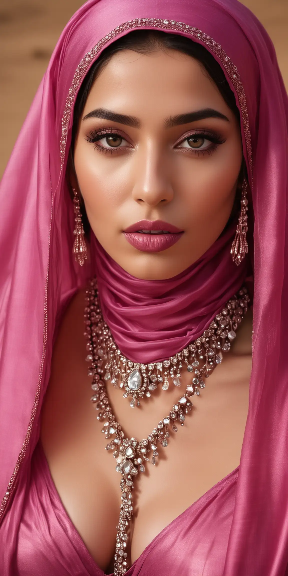 Opulent Desert Honeymoon Glamorous Niqabi Bride in Magenta Hijab and Kaftan
