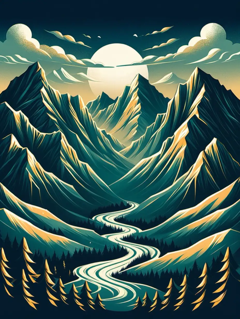 Majestic Mountain Landscape Illustration with Tranquil Sunset