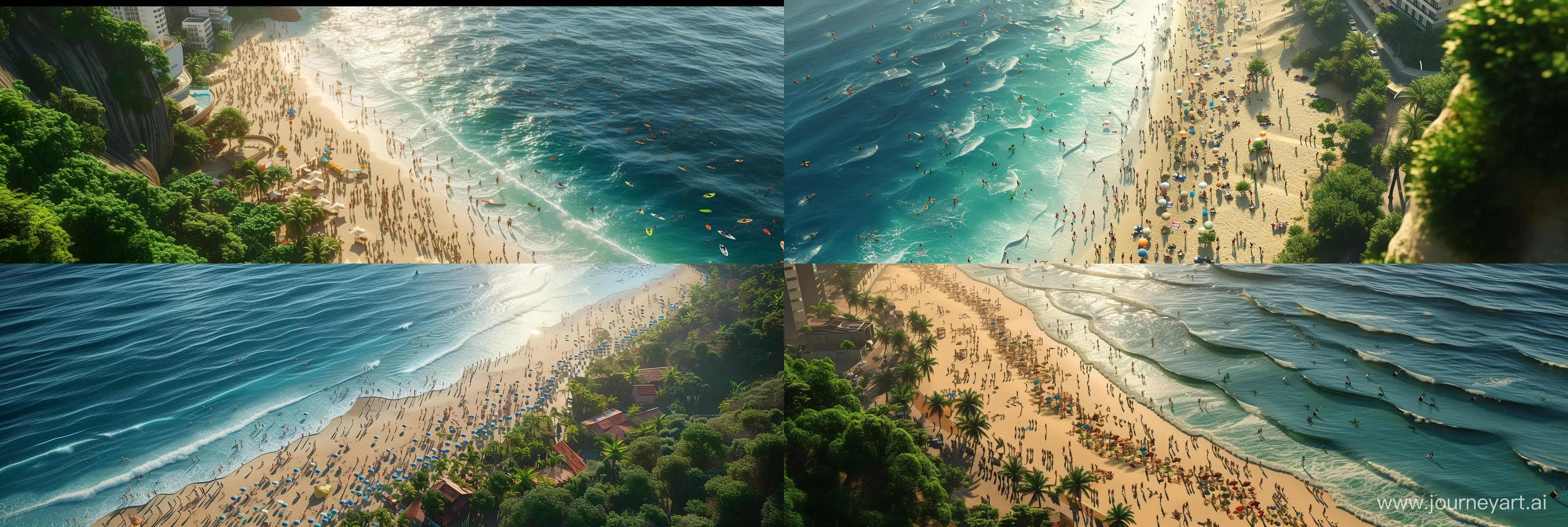 realistic animation; aerial view; sunny day; busy beach; with vegetation on the side and some buildings after; using all the graphics, lighting and design techniques of the most hyper realistic and current animations and games of the last generation; ray tracing technique; 16k; details; better CGI, --ar 9:3 --v 6.0 --style raw