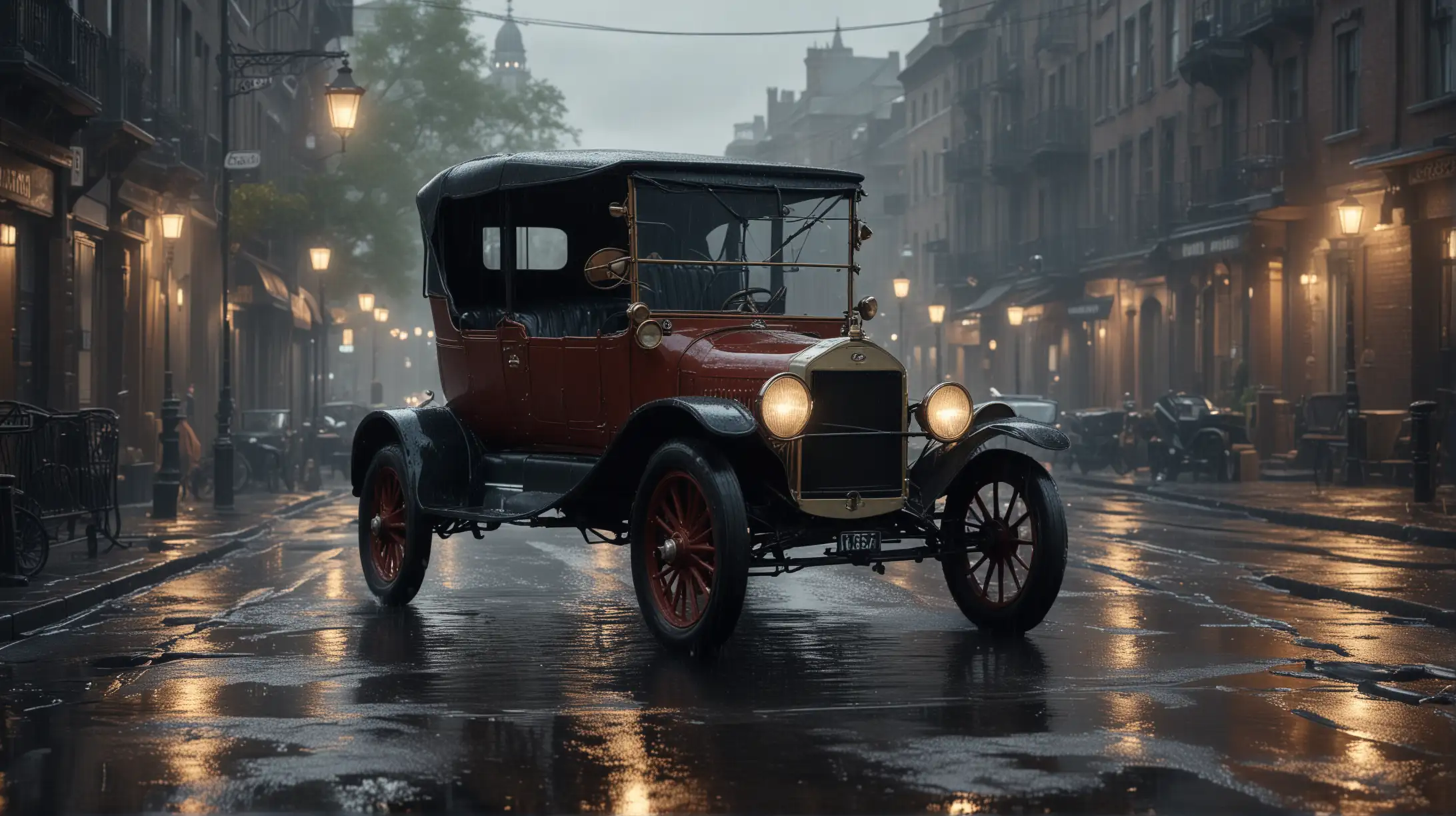 Ford Model T driving on a dark rainy street in the light of an old street lamp and the light is reflected in the wet street detailed matte painting, deep color, fantastical, intricate detail, splash screen, complementary colors, fantasy concept art, 8k resolution trending on Artstation Unreal Engine 5