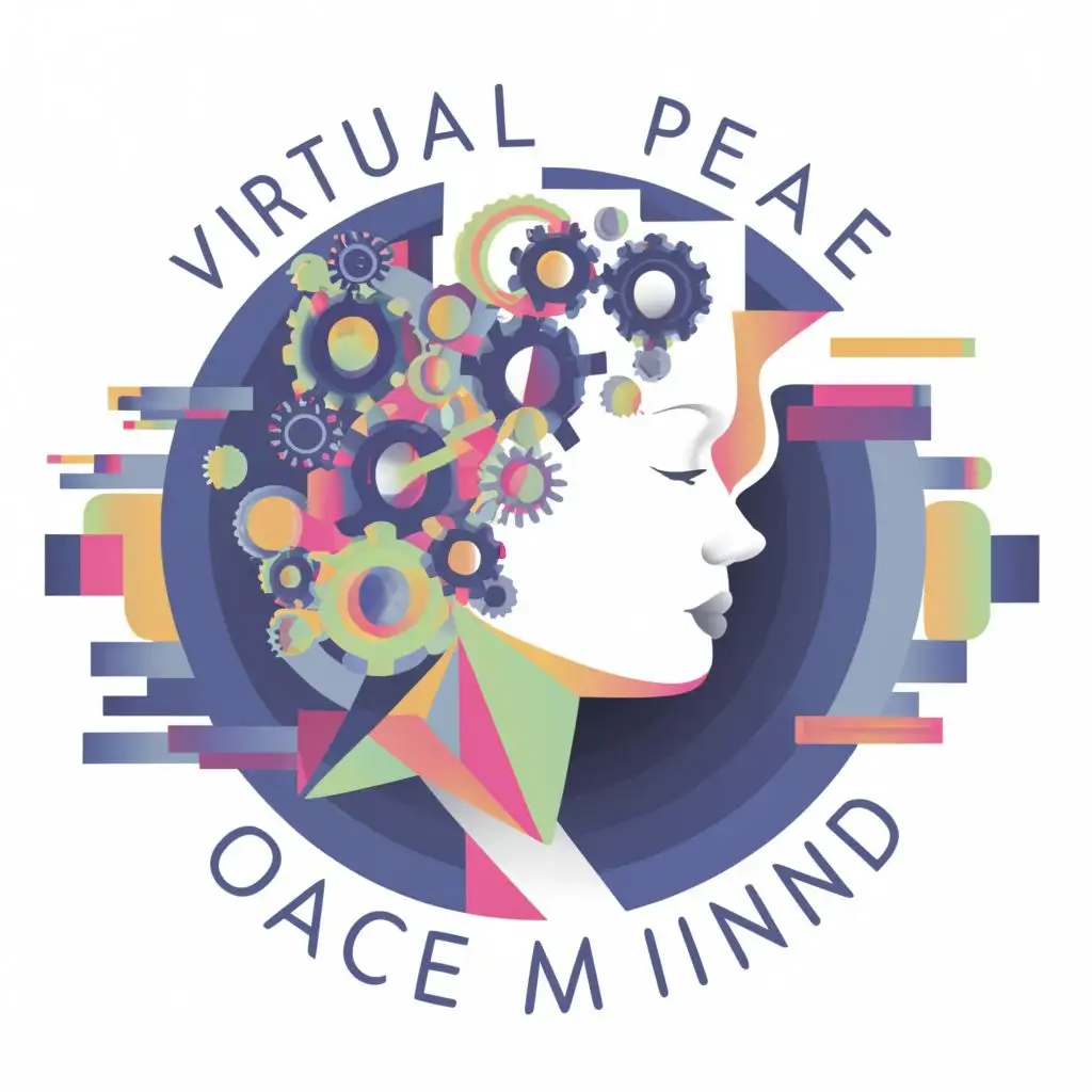 logo, woman head, computer, peace, with the text "Virtual Peace of Mind", typography