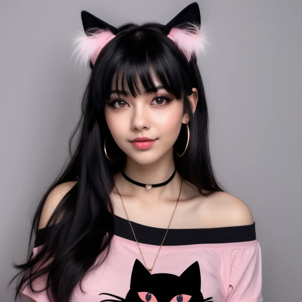 pretty woman looking straight at the camera with long layered black hair and layered bangs, brown eyes, long eyelashes, rosy cheeks, plump pink lips,  off-the-shoulder black t-shirt, 2 necklaces, black cat ears, cute woman drawing
