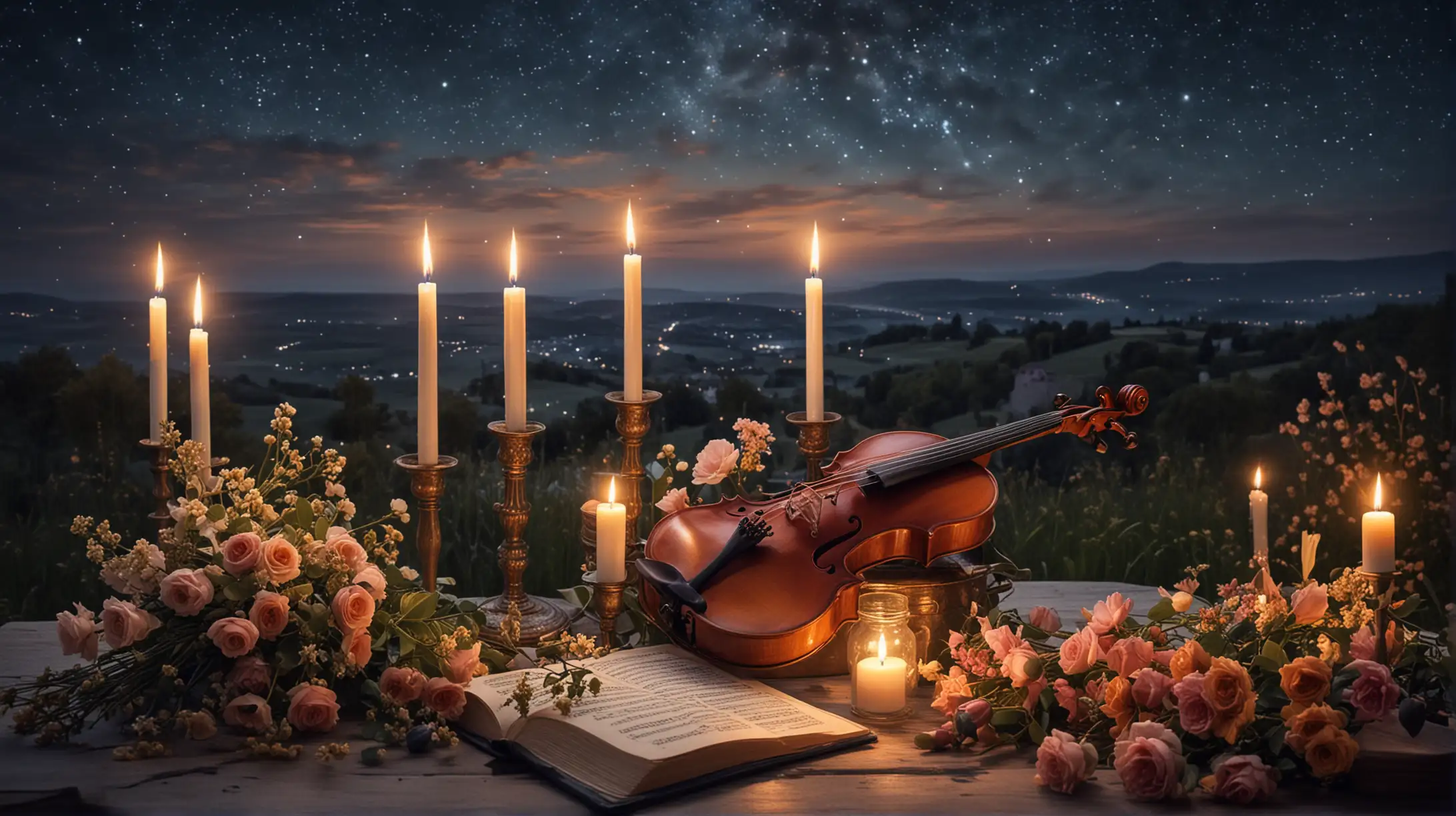 Evening, starry sky, candles, violin, flowers