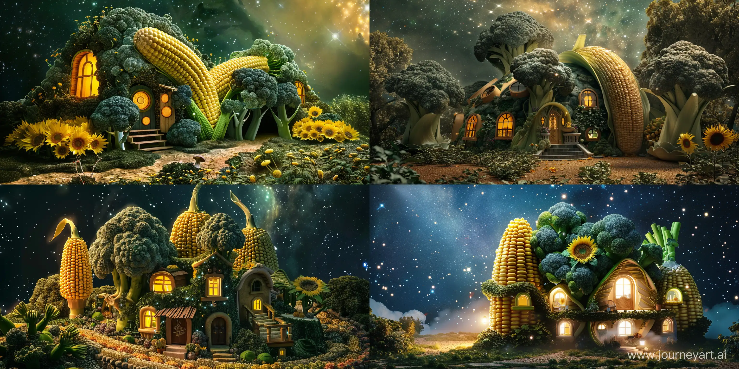 luxury house in the shape of corn and broccoli and sunflower, in the galaxy, fantasy style, realistic --ar 20:10