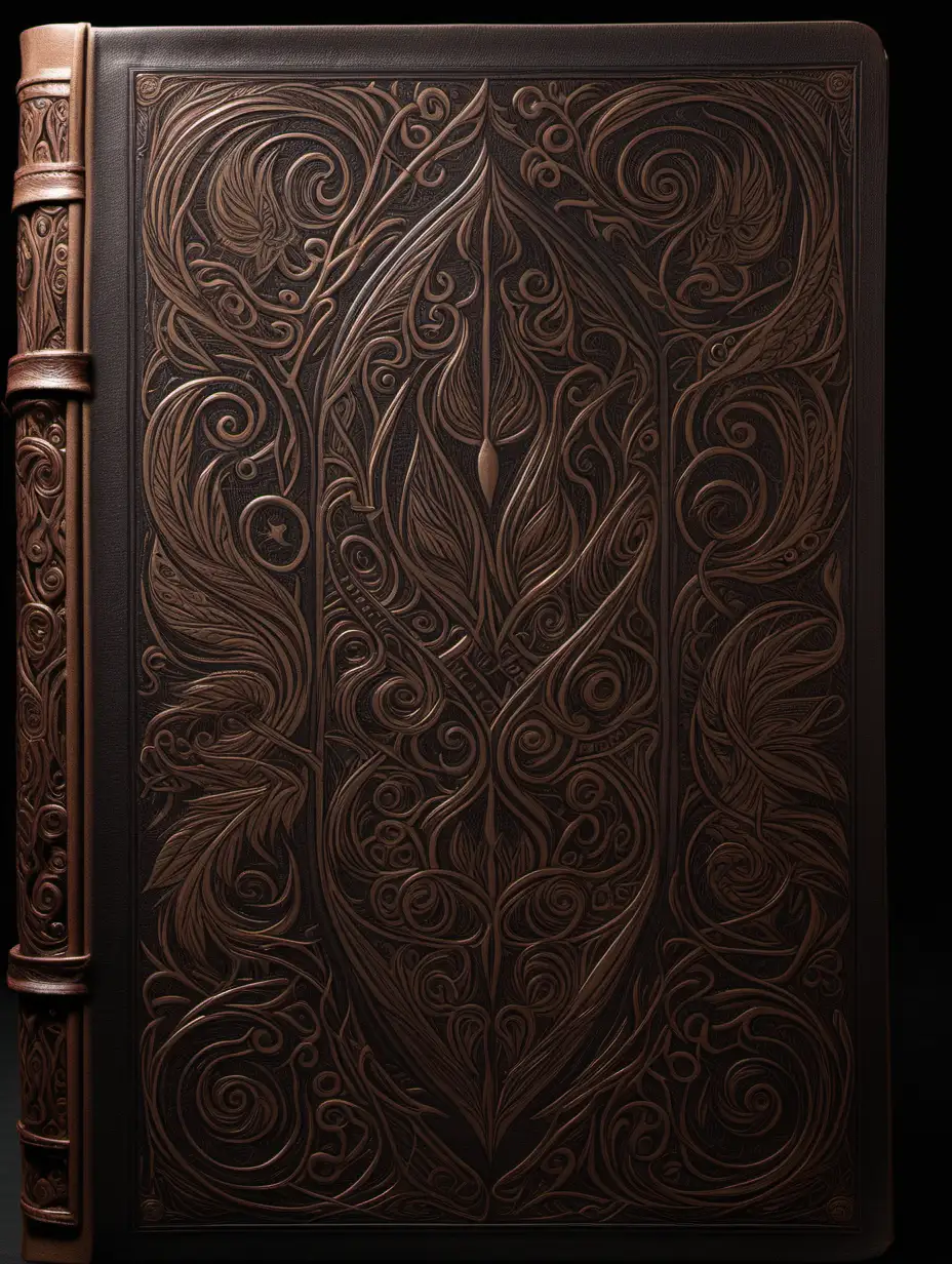 front aligned view of the narrow border of small designs on a blank book covered in leather in the theme "dark elf"