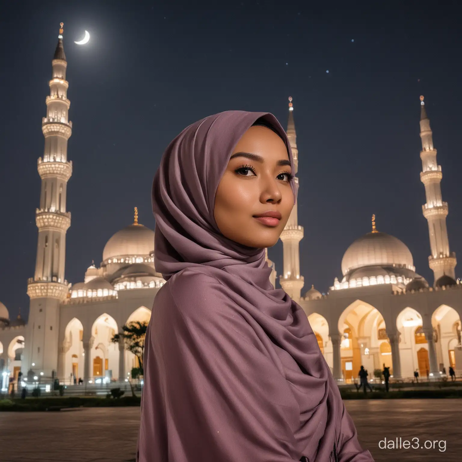 The photo shows a beautiful indonesian Half body against a modern and Mosque background. This beautiful indonesian woman is wearing a hijab, perfect for moon night . Behind her was a Crescent moon sky, and perfect for an outdoor walk, The buildings with a tall and modern background, typical of large city centers with advanced construction