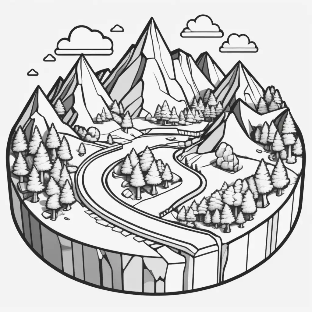 Isometric Landscape Coloring Page with Detailed Black and White Design