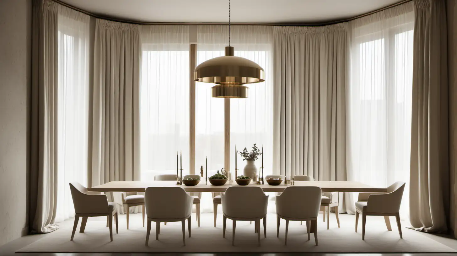 a hyperrealistic image of a classic contemporary large minimalist hotel-style dining room; limewash walls in Bauwerk Bone; blonde oak;  brass; Large Window; Linen curtains;
