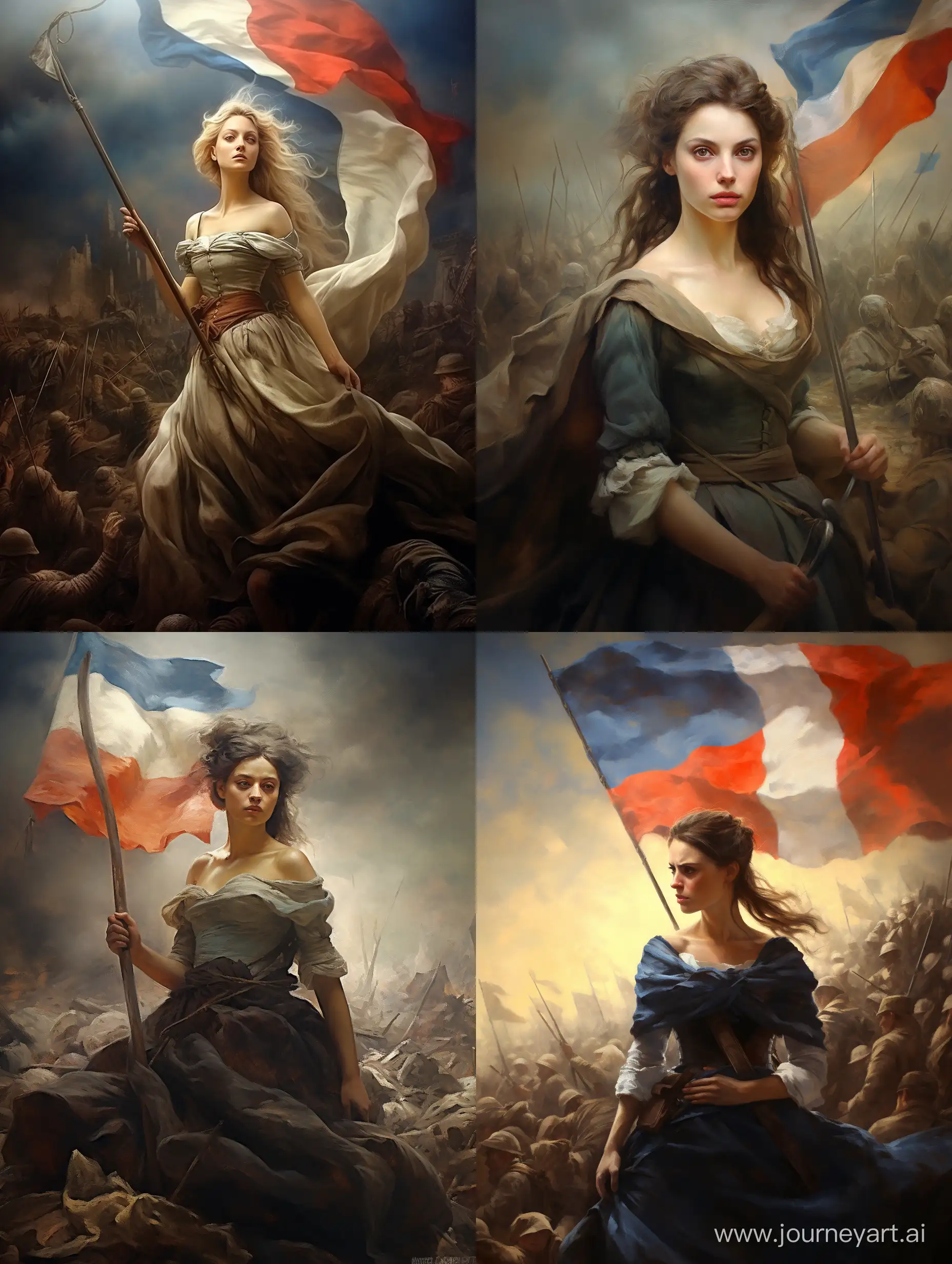 /imagine prompt: French revolution woman is holding a flag in the middle of a battlefield. rococo style, Renaissance, 1700s, blending painting