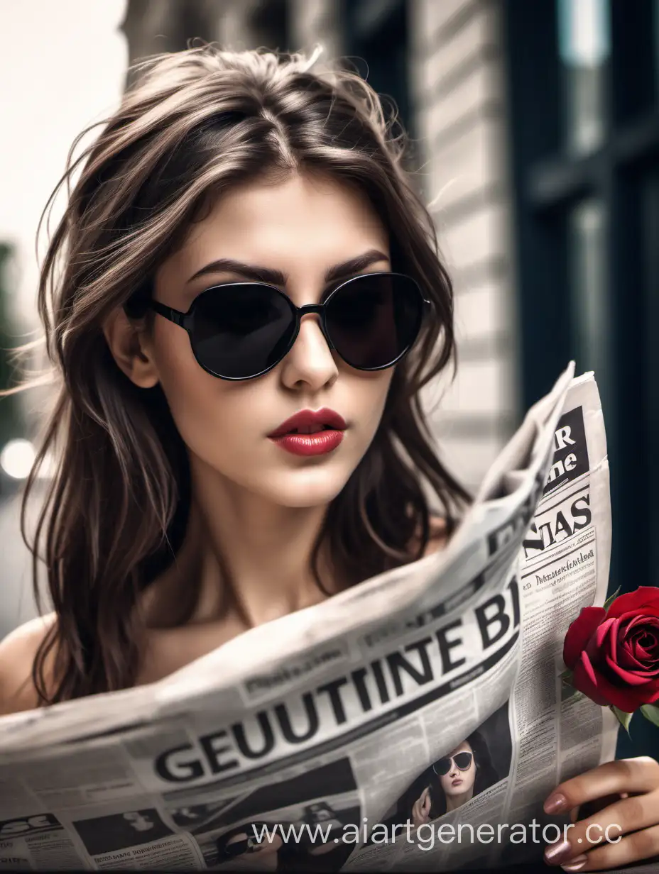 красивая нежная девушка брюнетка в чёрных солнечных стильных очках читает газету, а в волосах у неё торчит одна роза