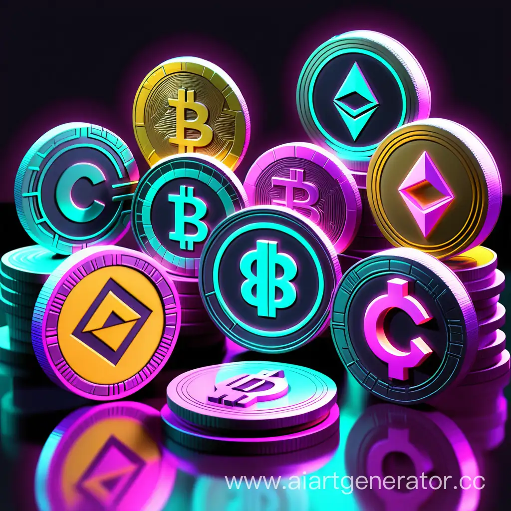 crypto монеты  разные чтоб не повторялись 
в  стиле cyberpunk neon