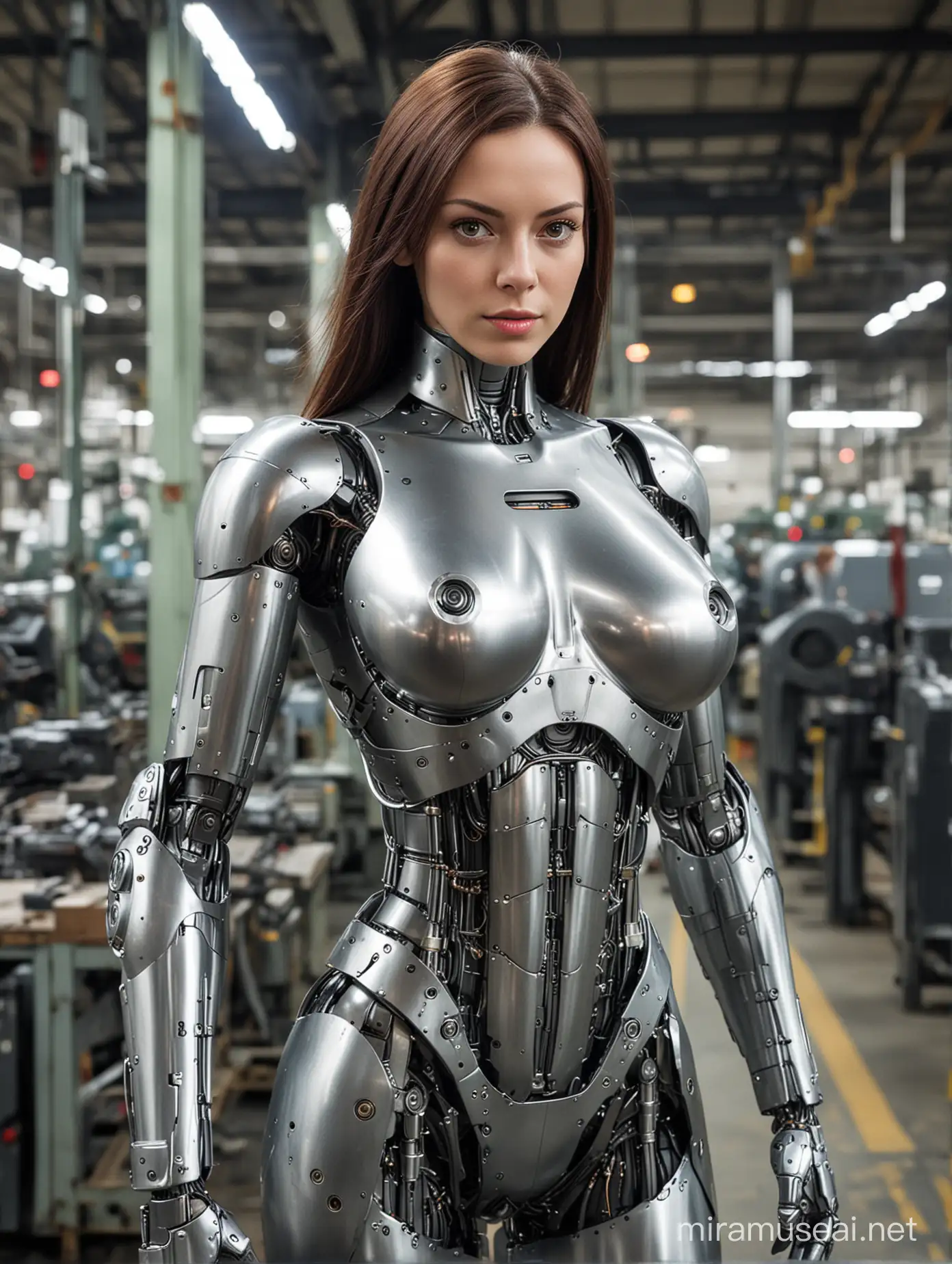 metal android with large human breasts, factory floor