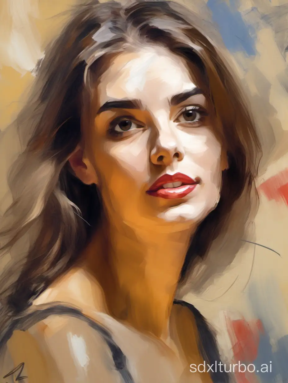 Portrait painting of a beautiful French woman, 23 years old, Vladimir Volegov and Nikolai Fechin style. Expressive bold brush strokes. Dry canvas texture. Weird background.
