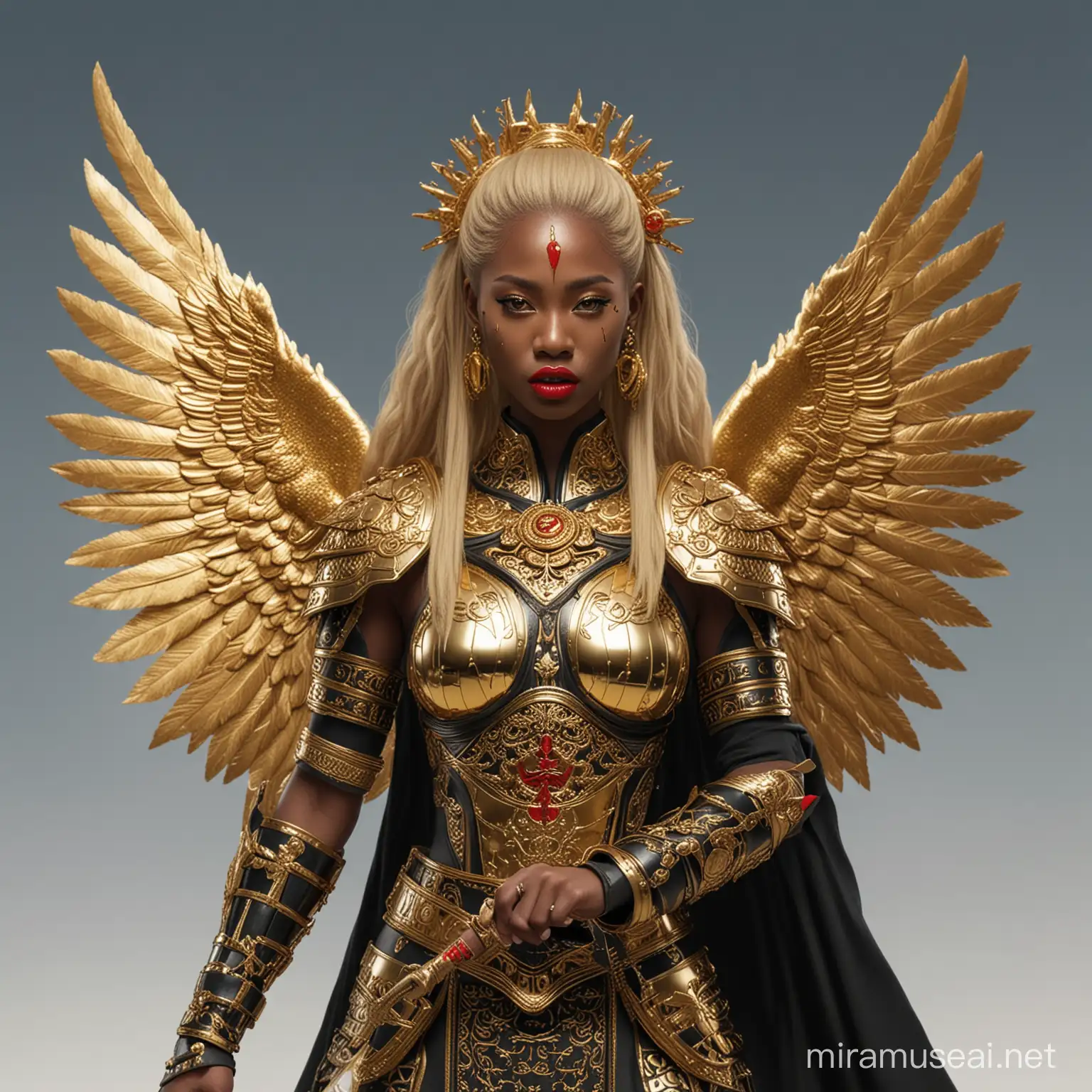 beautiful African female model with golden hair, red lips with gold fangs and one eye, wearing gold and black gold Japanese armor with typical Japanese ornaments, using a gold sword raised to the sky and having white gold wings, full body image , super realistic, Japanese detailing