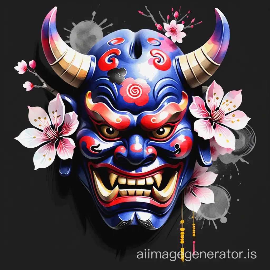 Abstract japanese oni mask with sakura, sumi-e japanese watercolor, color splash style, multicolor palette, black background 