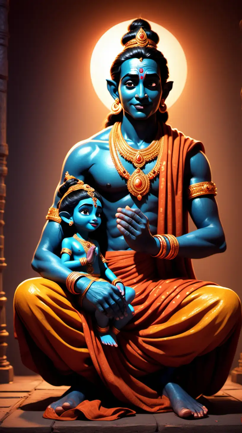  create a handsome hindu god
  holding hand of poor kid while sitting in disney style