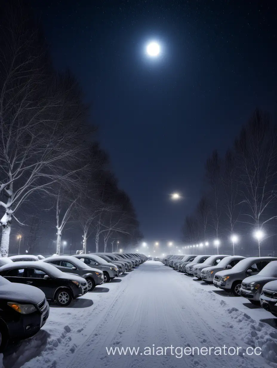 night, snowfall, full moon, many cars lined up in rows under the snow