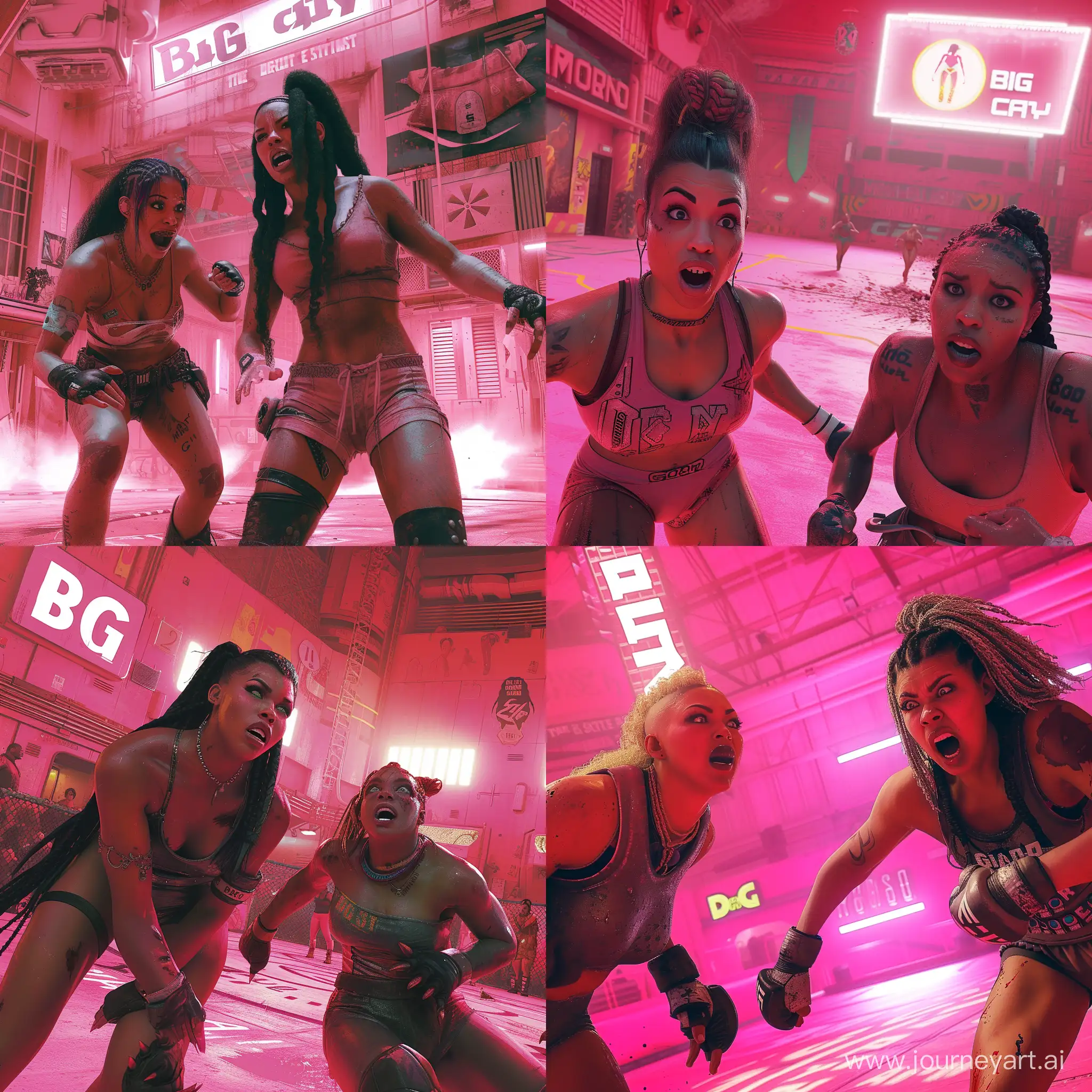 A photorealistic image of a fight scene in a wide shot. The setting is a pink, futuristic arena resembling 'Gag City.' One character, resembling Nicki Minaj, looks beautiful and dominant, while the other, resembling Megan Thee Stallion, appears scared. The composition captures the tense energy of the scene. Lighting is a mix of bright, neon-style and subtle, primarily in pink tones. In the background, there's a sign with a symbol signifying 'Big Foot.