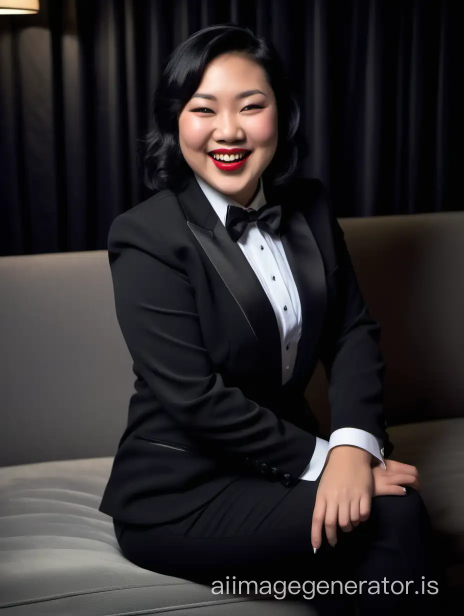 A beautiful smiling and laughing and slightly chubby asian woman with shoulder length black hair, and lipstick, mid-twenties of age, is sitting on a couch in a dark room.  She is wearing a tuxedo with a black jacket and black pants.  Her shirt is white with double french cuffs and a wing collar.  Her bowtie is black.   Her cufflinks are large and black.  She is wearing shiny black high heels. 