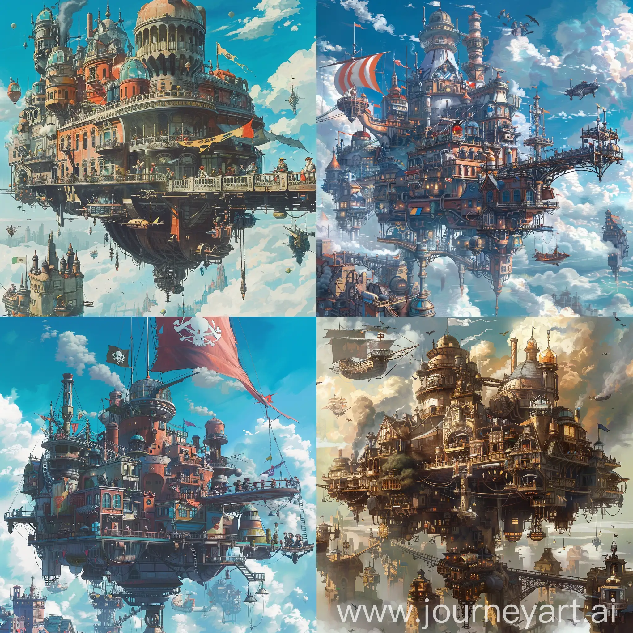 sky pirates hanging out in a flying steampunk city, comfy, Ghibli aesthetic