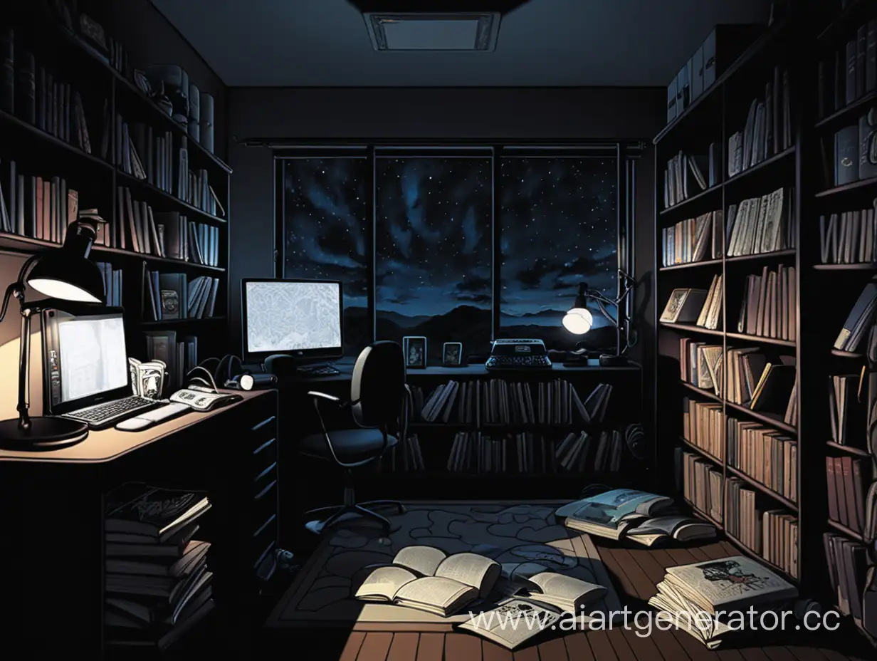 Cozy-Nook-with-Books-Comics-Computer-and-Anime-in-SemiDarkness