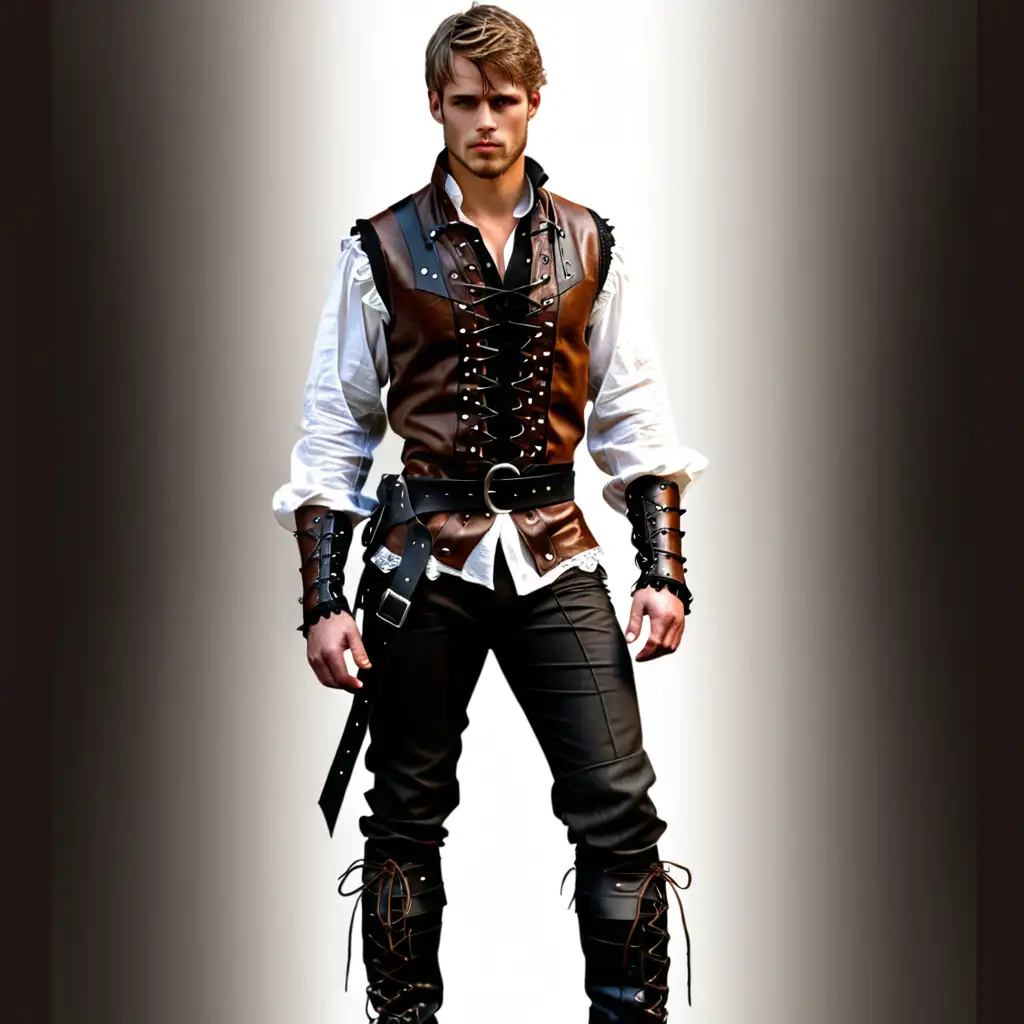 fantasy clothing, black pants, black boots, white linen lace up shirt, leather arm bracers, sward belt, royalty, male, brown leather vest
