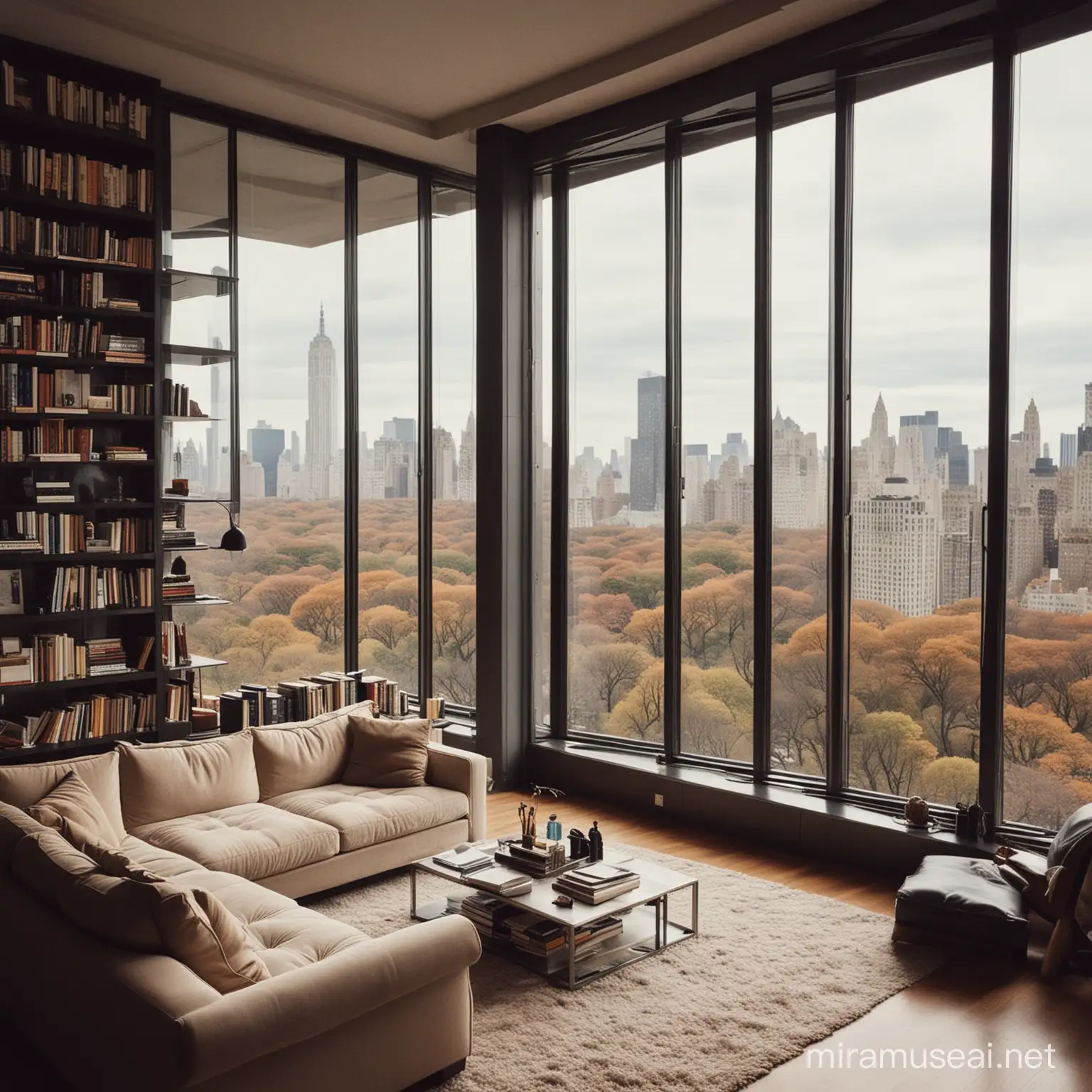 I want a man in a skyscraper apartment in front of a glass window, overlooking central park and turning to look back from where the camera lens sees him.On the wall of the apartment to have paintings and a large library full of books. The apartment should look luxurious and the person himself should look like a successful businessman.