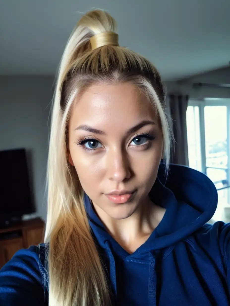 beautiful woman, face towards camera, dark blue hoodie, blonde ponytail hair, big breasts, instagram selfie, living room 