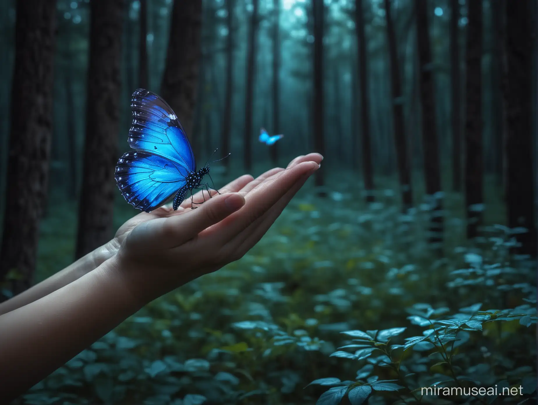 papillon bleu lumineux posé sur une main de petite fille dans une forêt magique la nuit