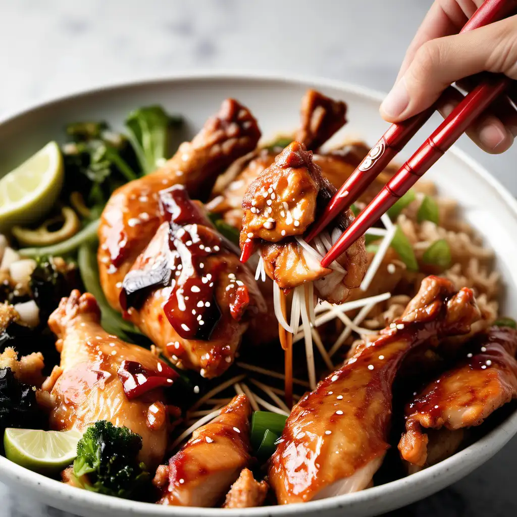 Delicious Chicken Bite Hand with Chopsticks Savoring Sweet and Savory Moment