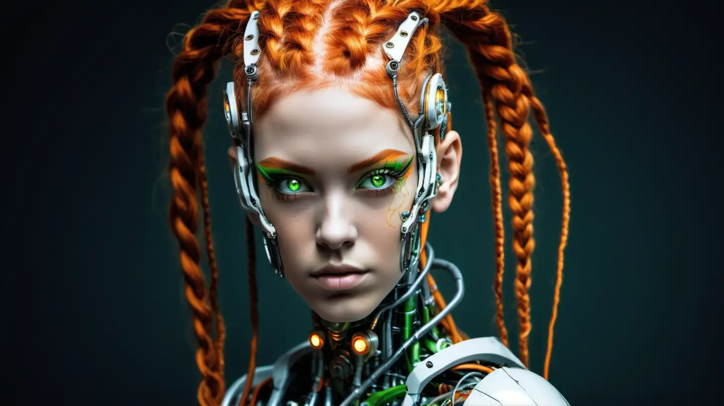 Cyborg woman, 18 years old. She has a cyborg face, but she is extremely beautiful. Orange wild hair, braids, green eyes.