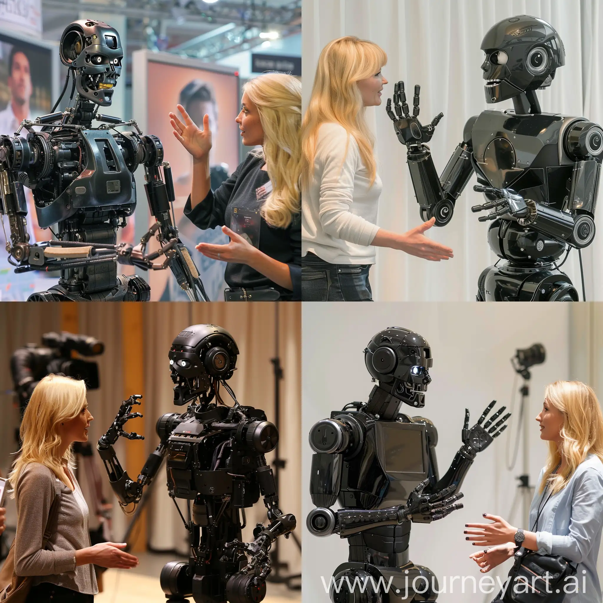 A humanoid robot that looks like a man makes gestures towards a blonde female journalist who interviews him