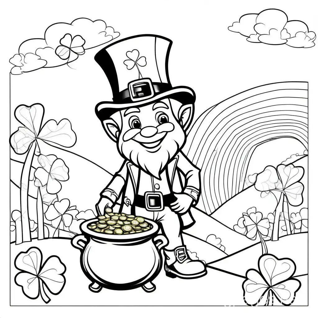 Saint-Patricks-Day-Coloring-Page-with-Leprechaun-and-Pot-of-Gold