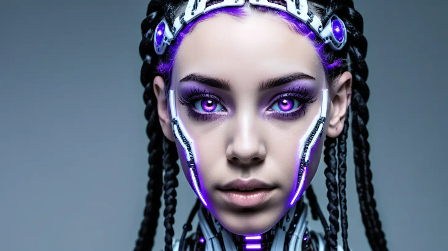 Caucasian cyborg woman, 18 years old. She has a cyborg face, but she is extremely beautiful. Black braids and purple braids. Light. White race. White skin. Caucasian.