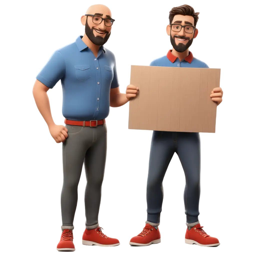 a disney pixar style man, pot-bellied, bald, with glasses and a beard, wearing jeans, a gray shirt with red collars, black sneakers, holding a sign