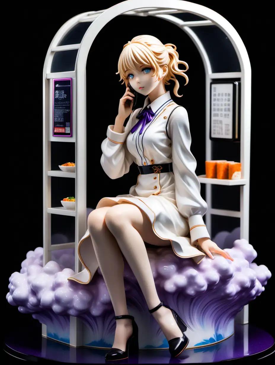 a large anime figurine of a tall girl in a sitting position, highly detailed, in white high class sophisticated elegant dress, sexy, hyper-realistic, luminous glazes, high fashion aesthetic, detailed foreground, resin clouds around the girl, violet evergarden inspired, black background, sushi, ramen, Mcdonalds, fast food, telephone booth, kpop